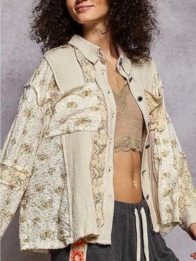 #189-34 POL New Cream Patchwork Button-Up Shirt